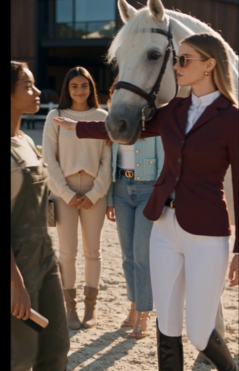Una joven trabajadora fue juzgada por su apariencia frente a un elegante caballo blanco, hasta que la reacción del animal reveló una historia inesperada.