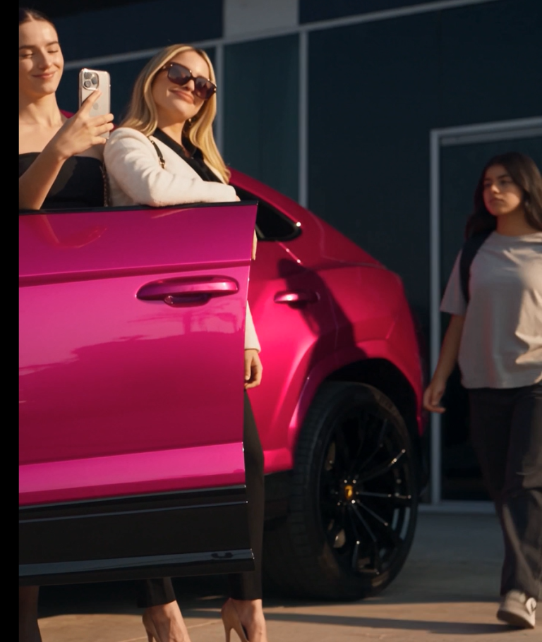 Una mujer presumía frente a una Lamborghini rosa y juzgó a una joven por su ropa sencilla.