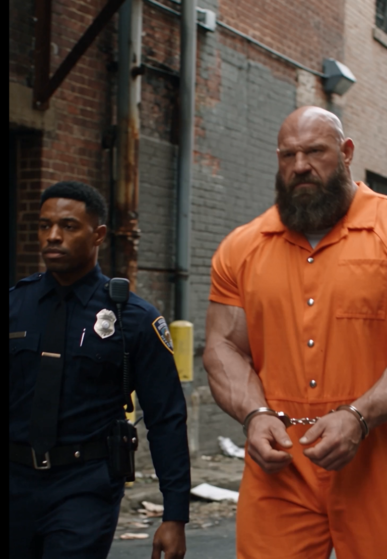 A handcuffed prisoner watched a police office